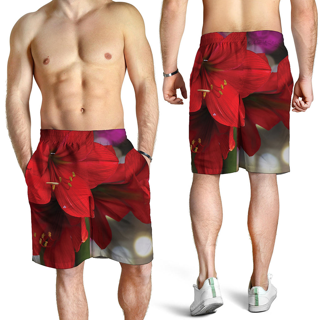 Red Amaryllis Print Men's Shorts