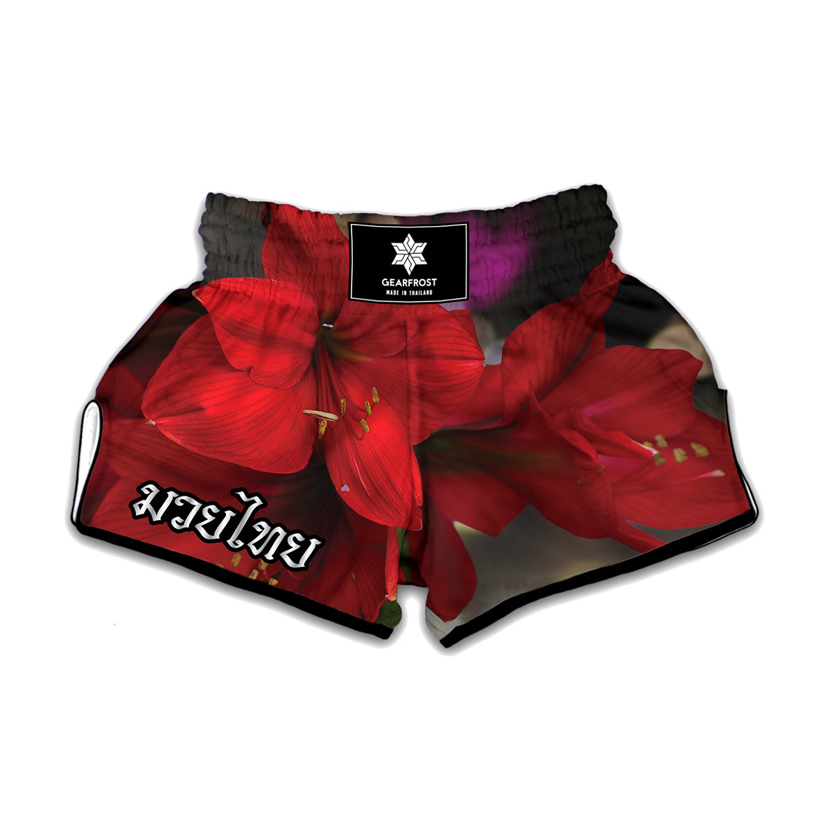 Red Amaryllis Print Muay Thai Boxing Shorts