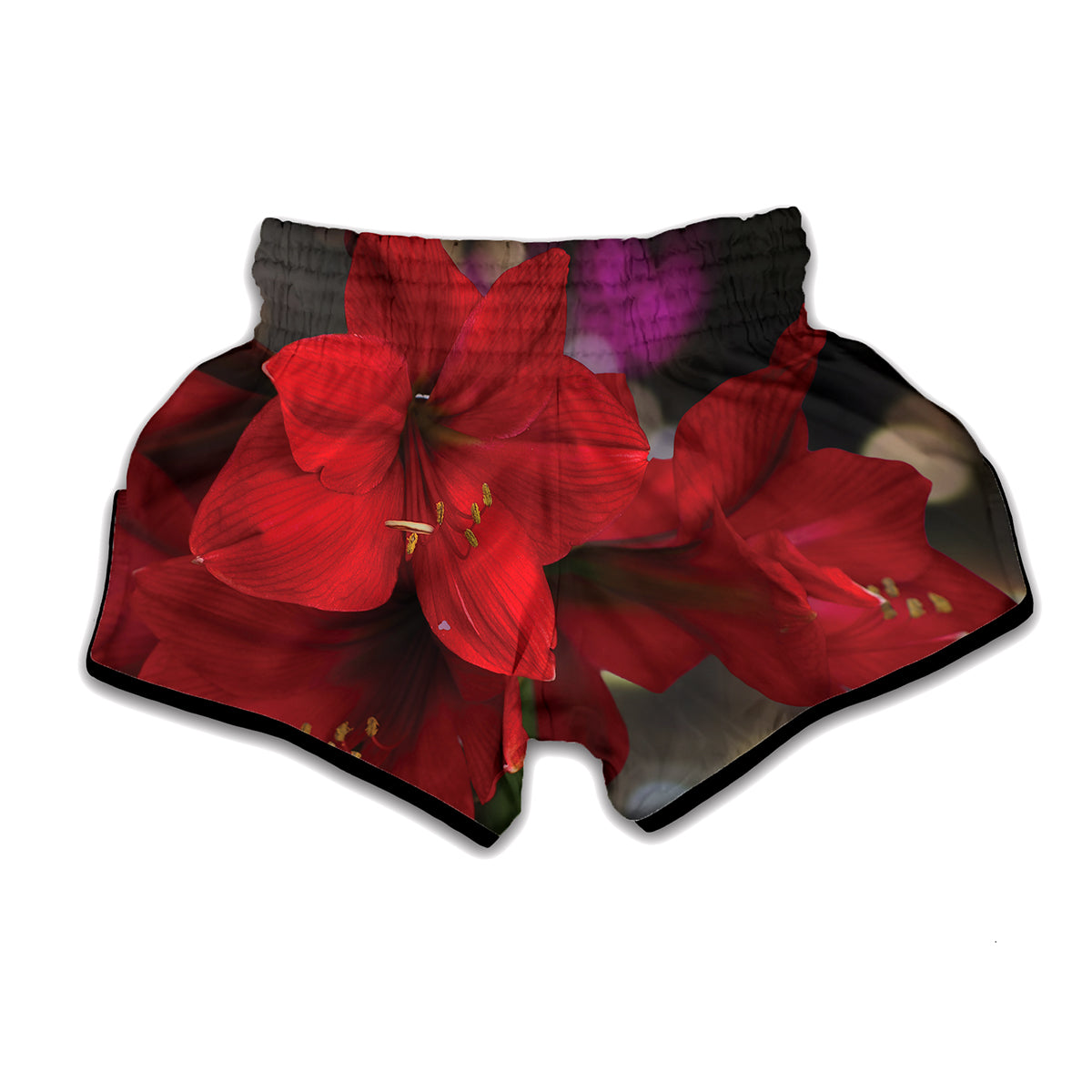 Red Amaryllis Print Muay Thai Boxing Shorts