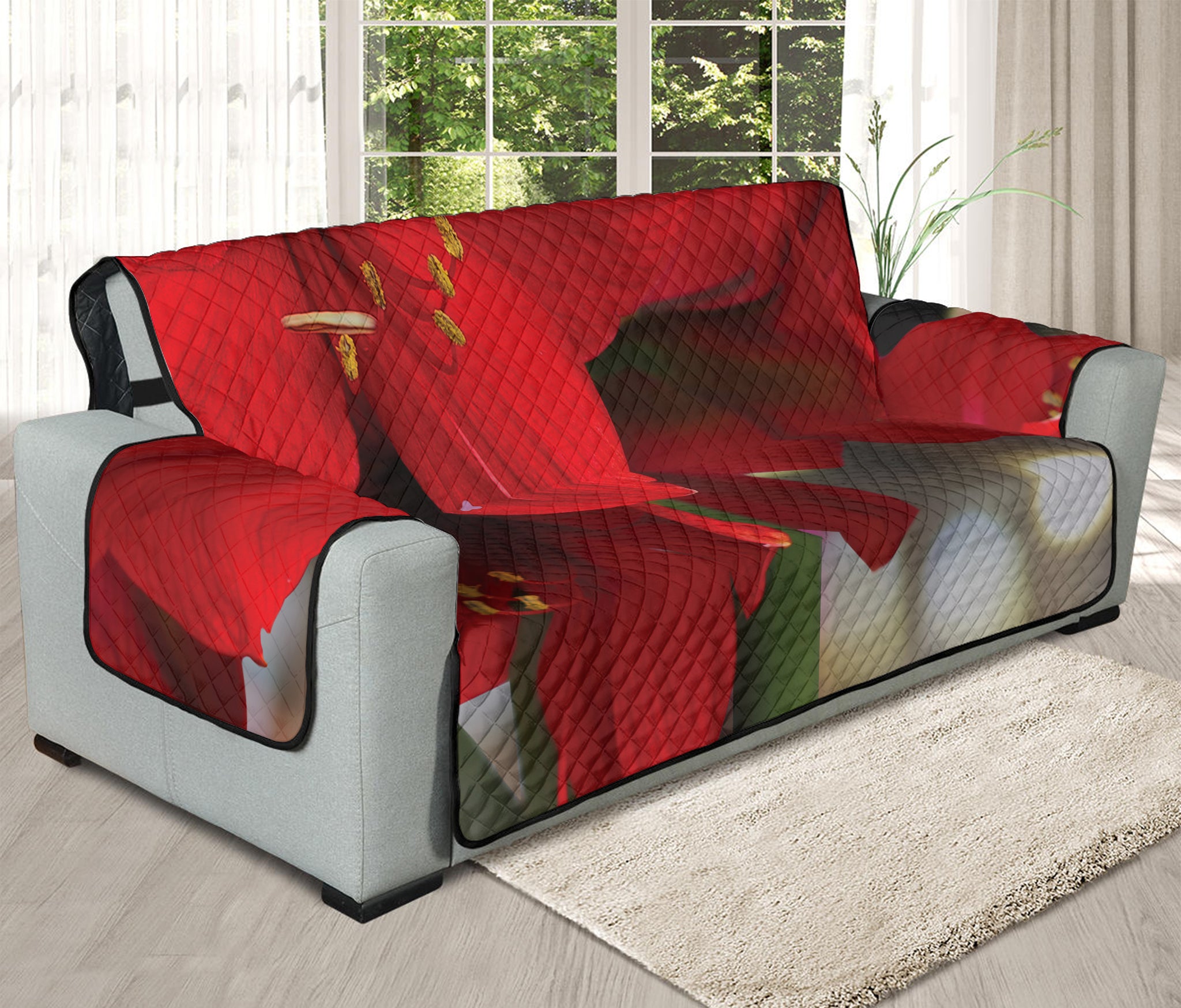 Red Amaryllis Print Oversized Sofa Protector