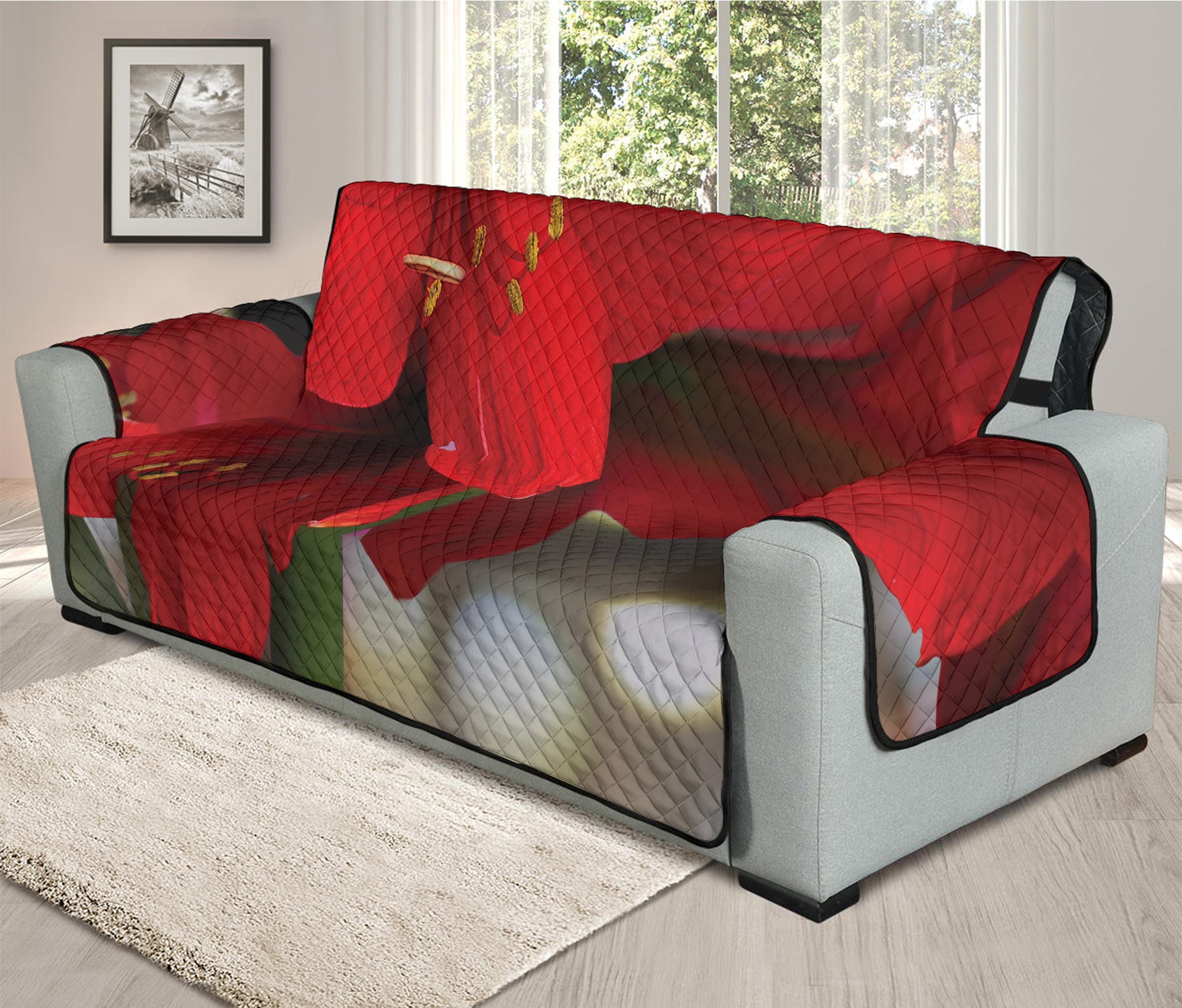 Red Amaryllis Print Oversized Sofa Protector