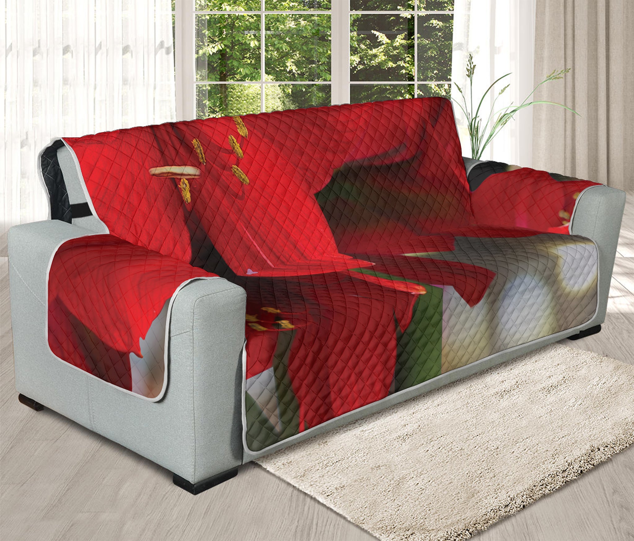 Red Amaryllis Print Oversized Sofa Protector