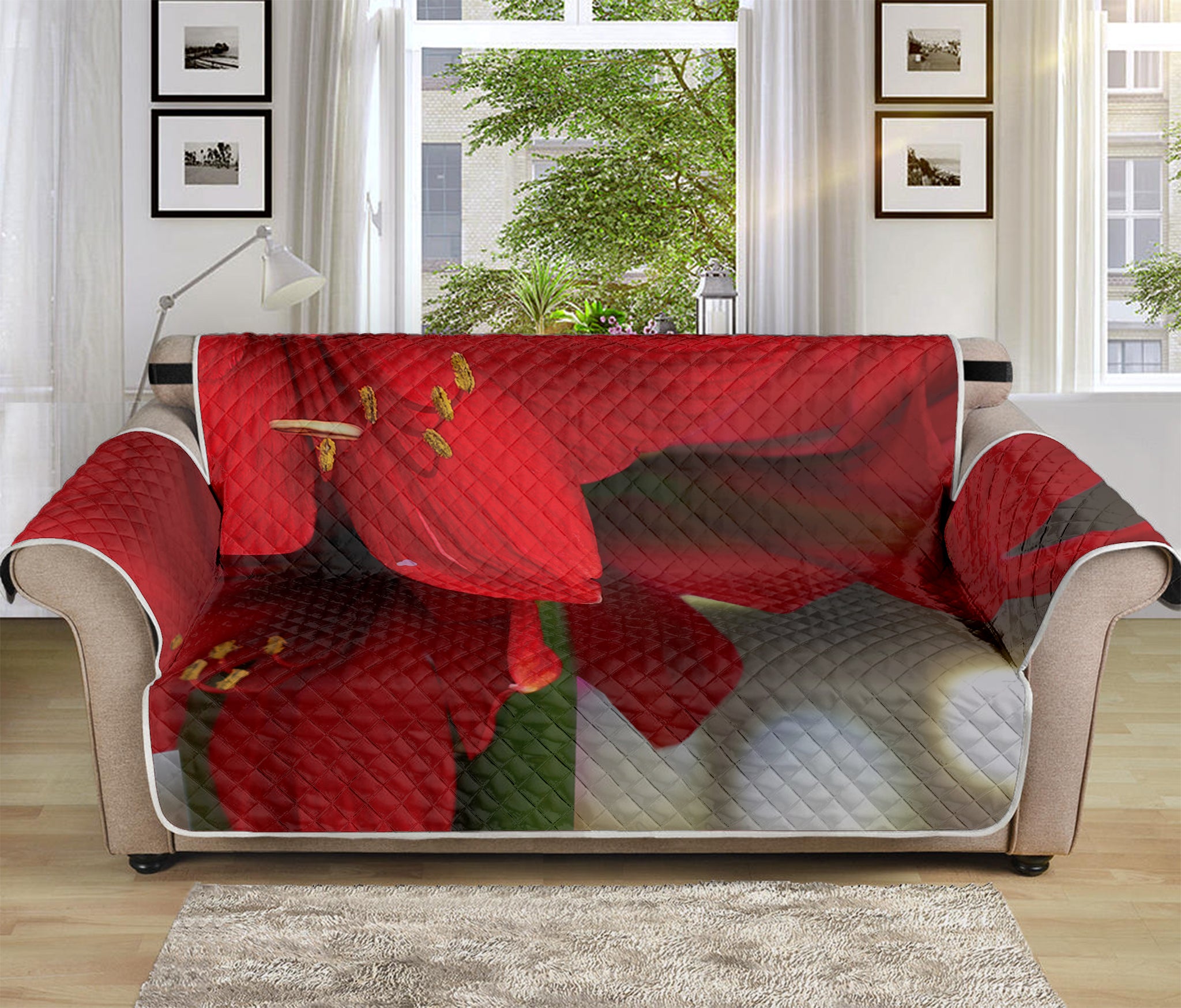 Red Amaryllis Print Sofa Protector