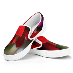 Red Amaryllis Print White Slip On Shoes