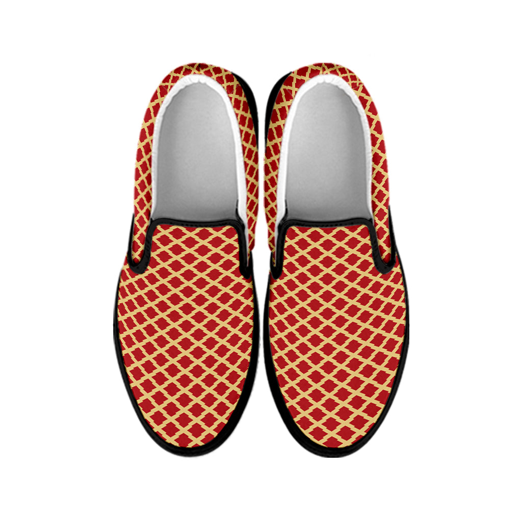 Red And Beige Japanese Pattern Print Black Slip On Shoes