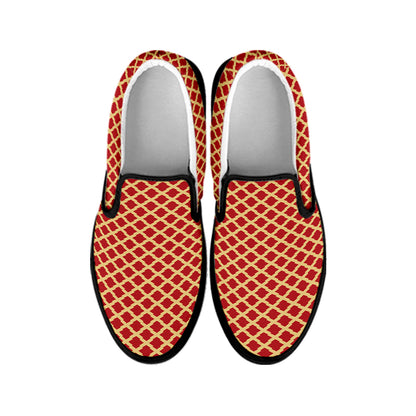 Red And Beige Japanese Pattern Print Black Slip On Shoes