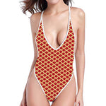Red And Beige Japanese Pattern Print One Piece High Cut Swimsuit