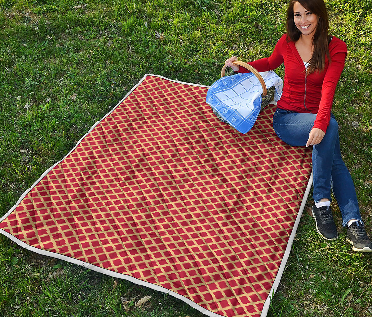 Red And Beige Japanese Pattern Print Quilt