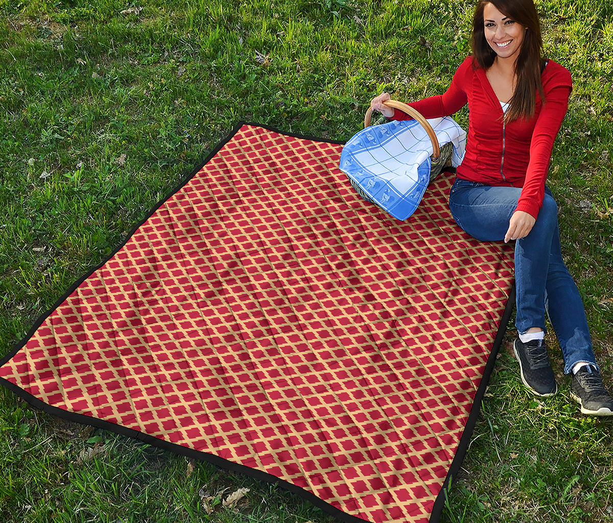 Red And Beige Japanese Pattern Print Quilt