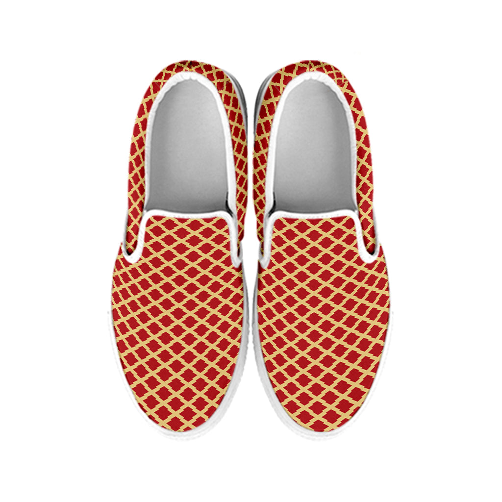 Red And Beige Japanese Pattern Print White Slip On Shoes