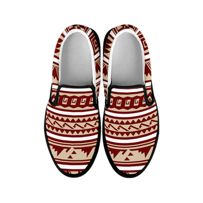 Red And Beige Southwestern Pattern Print Black Slip On Shoes