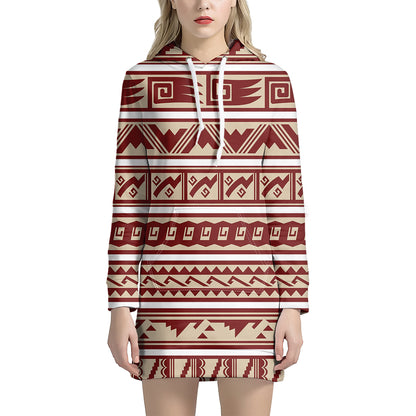 Red And Beige Southwestern Pattern Print Hoodie Dress