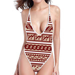 Red And Beige Southwestern Pattern Print One Piece High Cut Swimsuit
