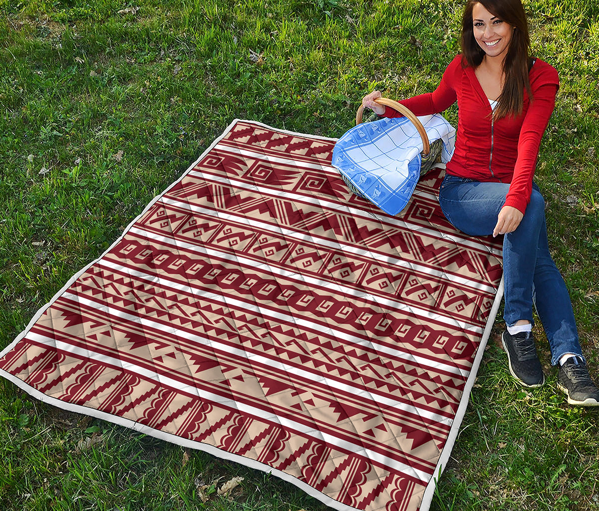 Red And Beige Southwestern Pattern Print Quilt
