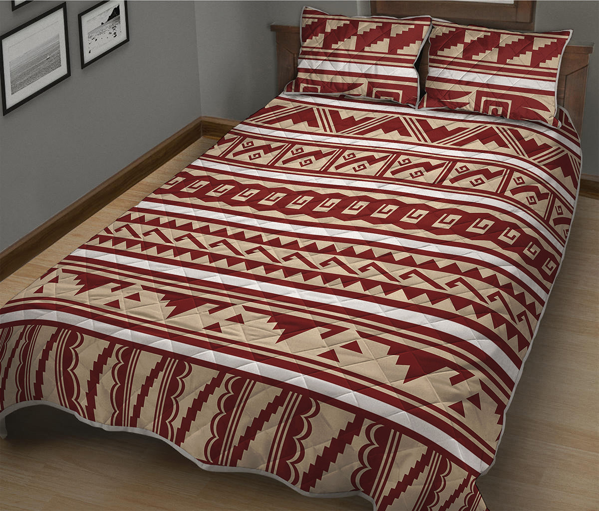 Red And Beige Southwestern Pattern Print Quilt Bed Set