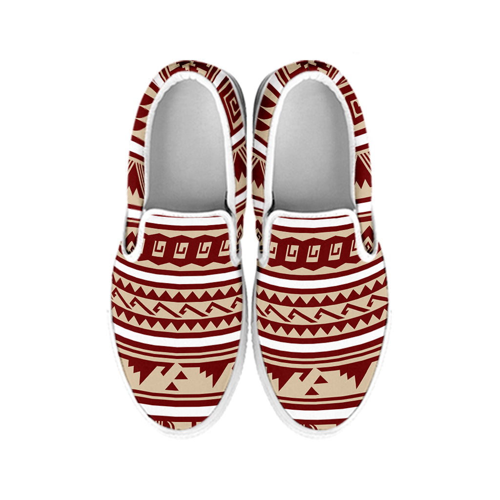 Red And Beige Southwestern Pattern Print White Slip On Shoes