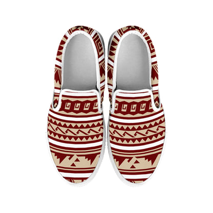 Red And Beige Southwestern Pattern Print White Slip On Shoes
