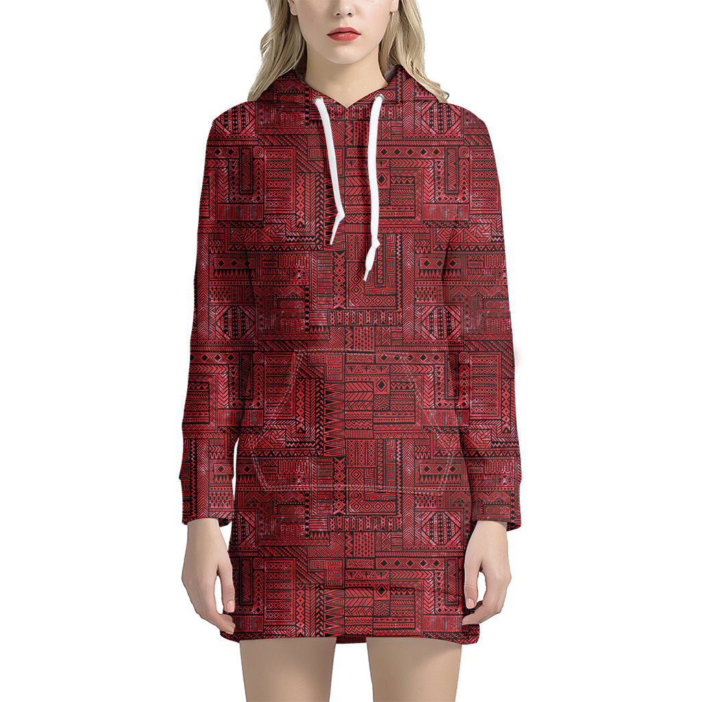 Red And Black African Ethnic Print Hoodie Dress