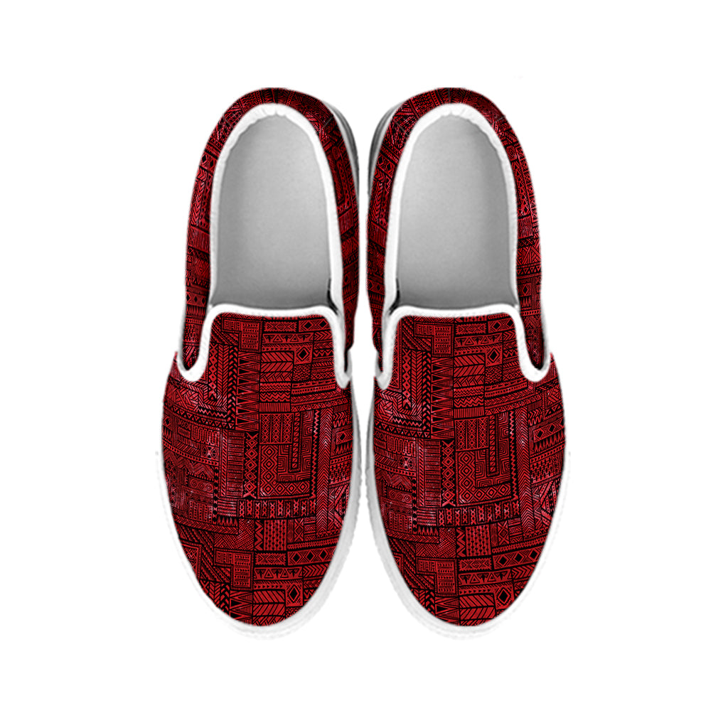 Red And Black African Ethnic Print White Slip On Shoes