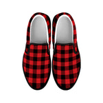 Red And Black Buffalo Check Print Black Slip On Shoes