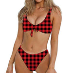 Red And Black Buffalo Check Print Front Bow Tie Bikini