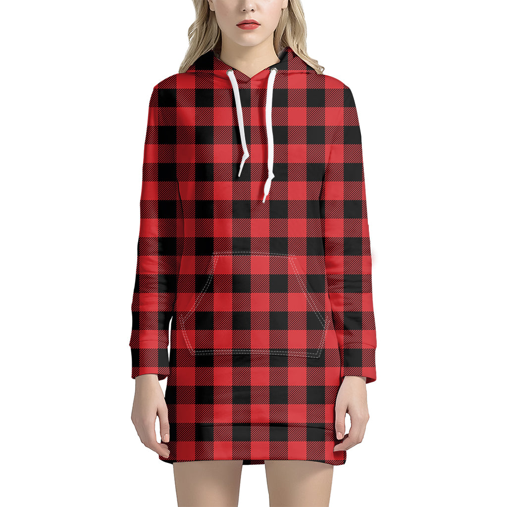 Red And Black Buffalo Check Print Hoodie Dress