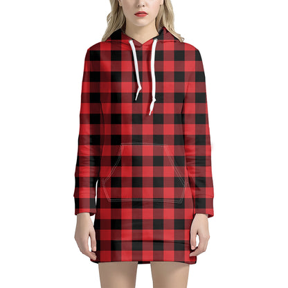 Red And Black Buffalo Check Print Hoodie Dress