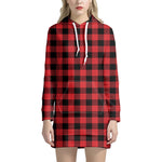 Red And Black Buffalo Check Print Hoodie Dress