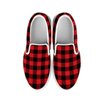 Red And Black Buffalo Check Print White Slip On Shoes