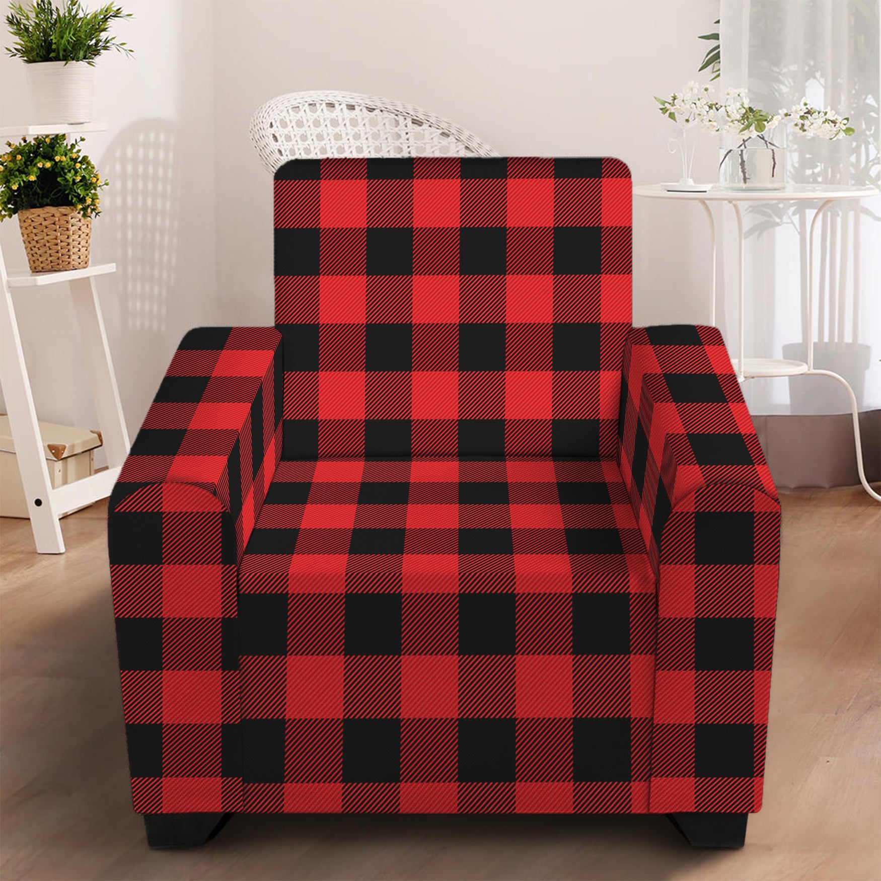 Red And Black Buffalo Plaid Print Armchair Slipcover