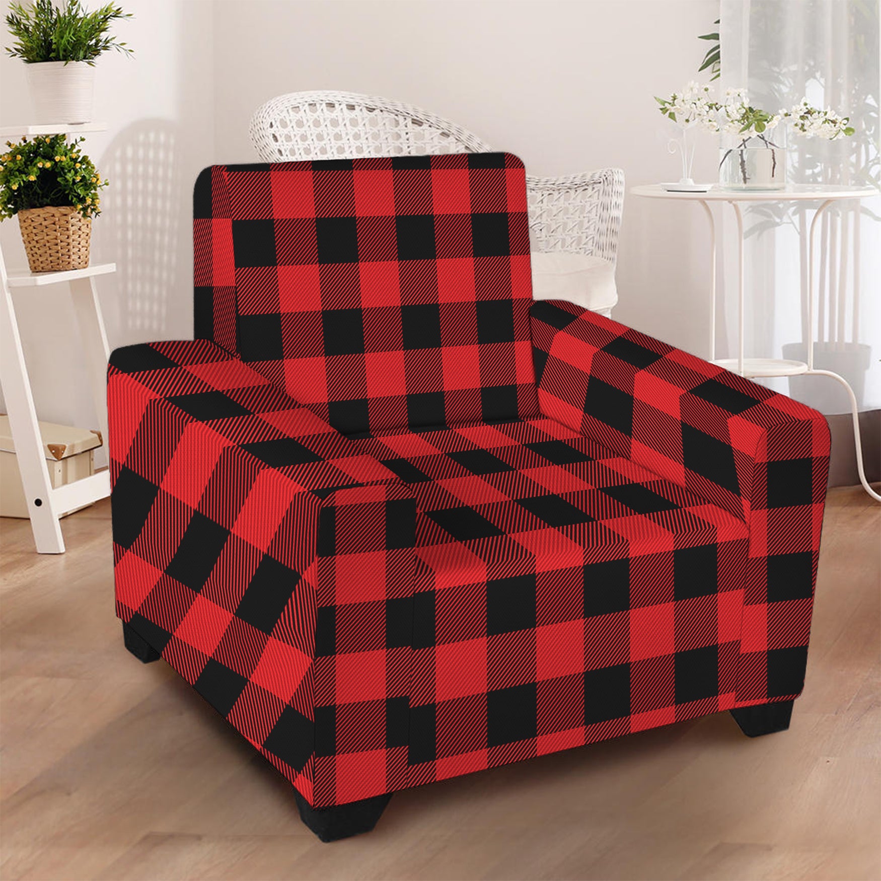 Red And Black Buffalo Plaid Print Armchair Slipcover