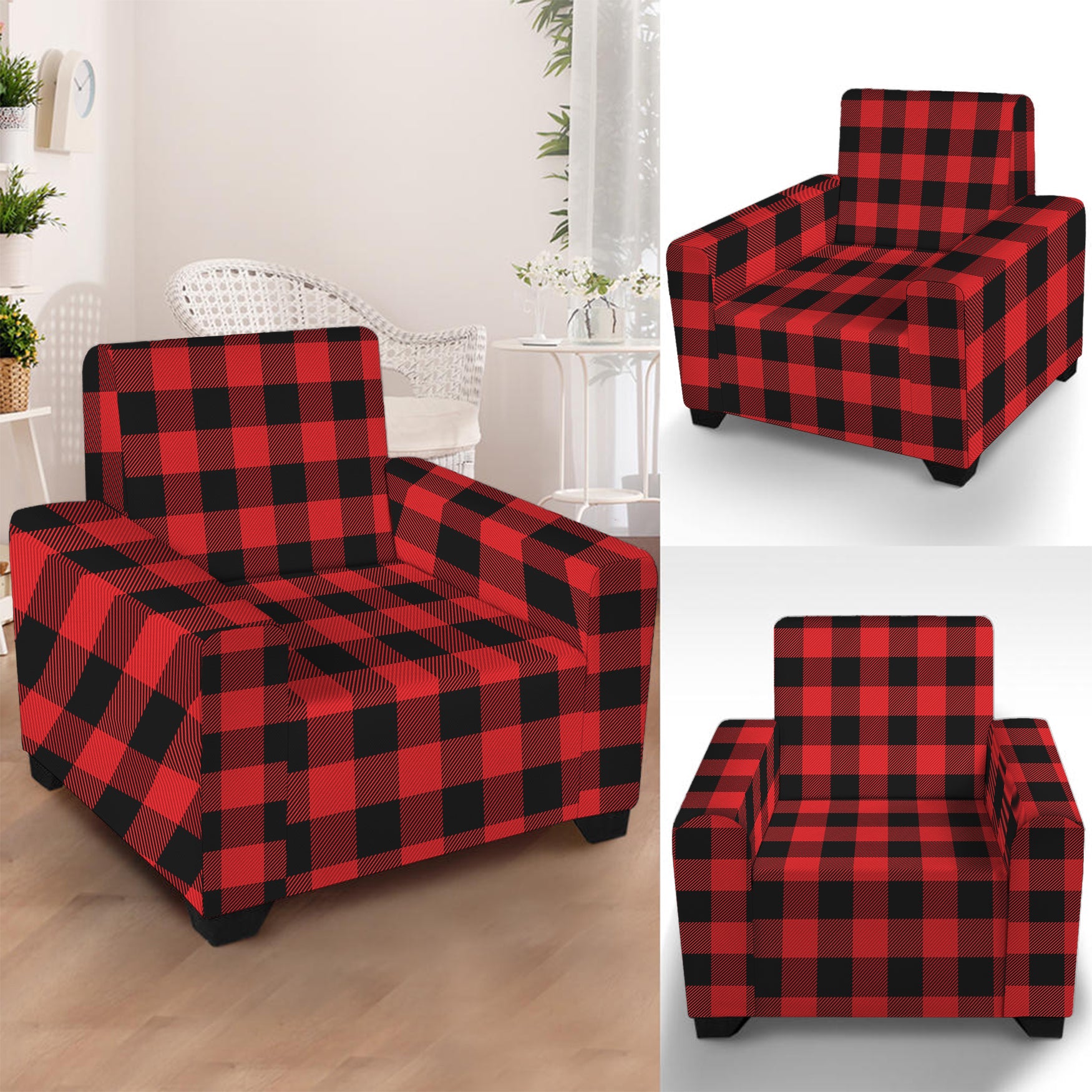 Red And Black Buffalo Plaid Print Armchair Slipcover