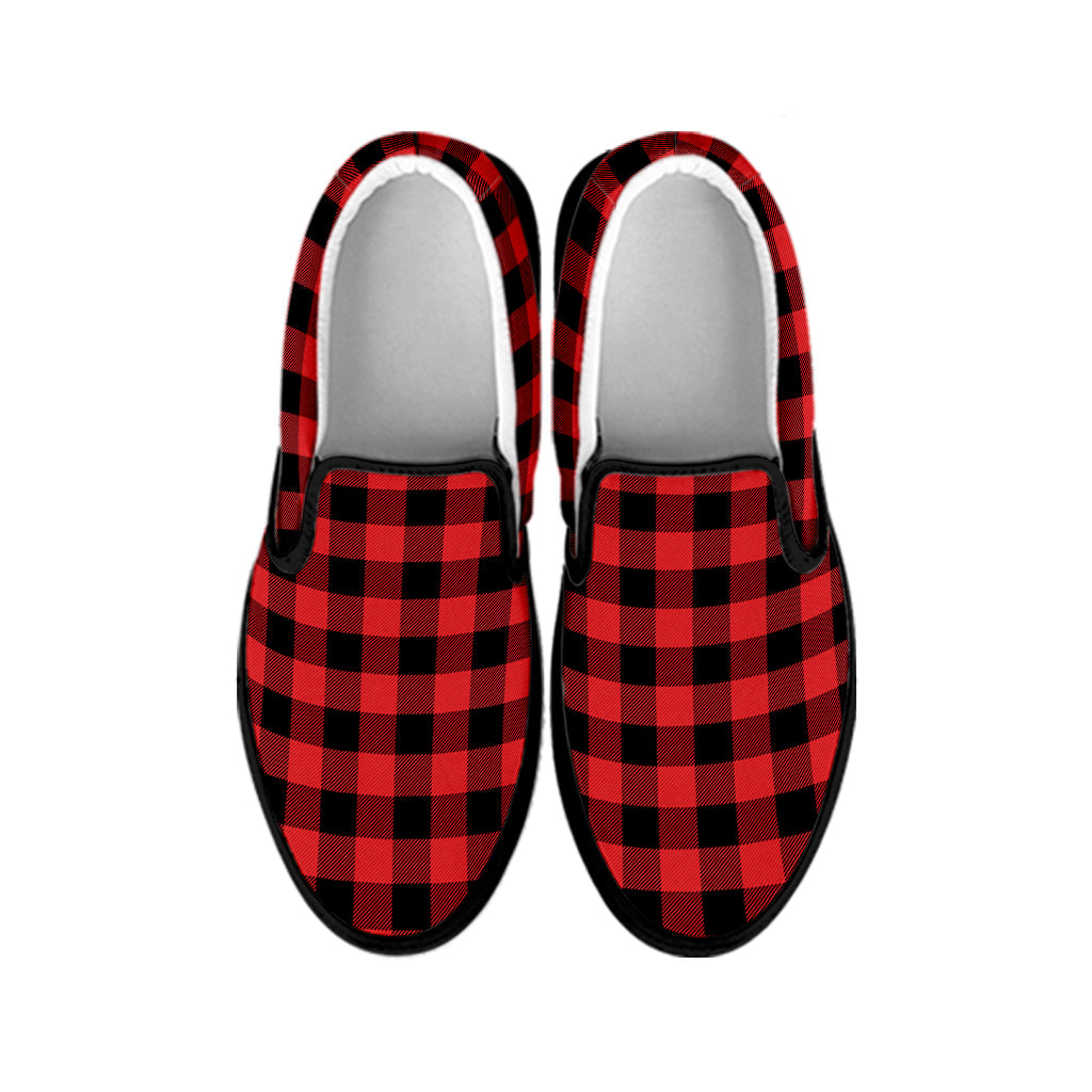 Red And Black Buffalo Plaid Print Black Slip On Shoes
