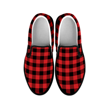 Red And Black Buffalo Plaid Print Black Slip On Shoes