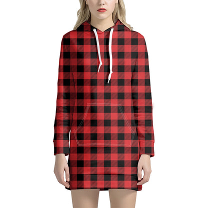 Red And Black Buffalo Plaid Print Hoodie Dress