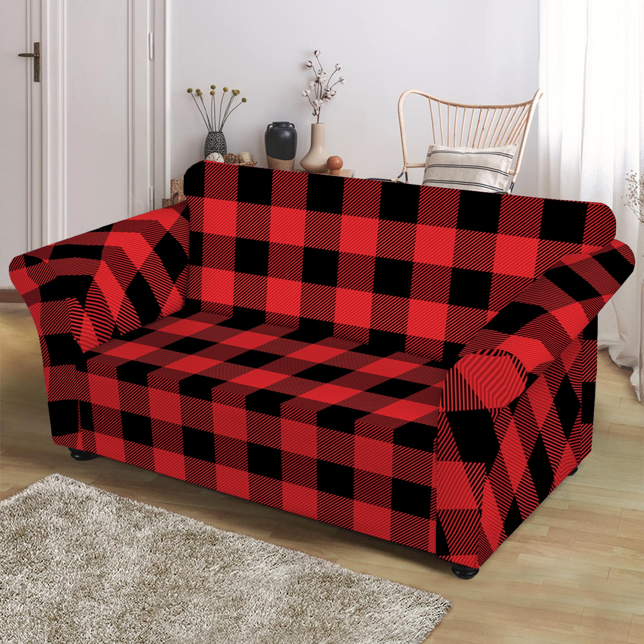 Red And Black Buffalo Plaid Print Loveseat Slipcover