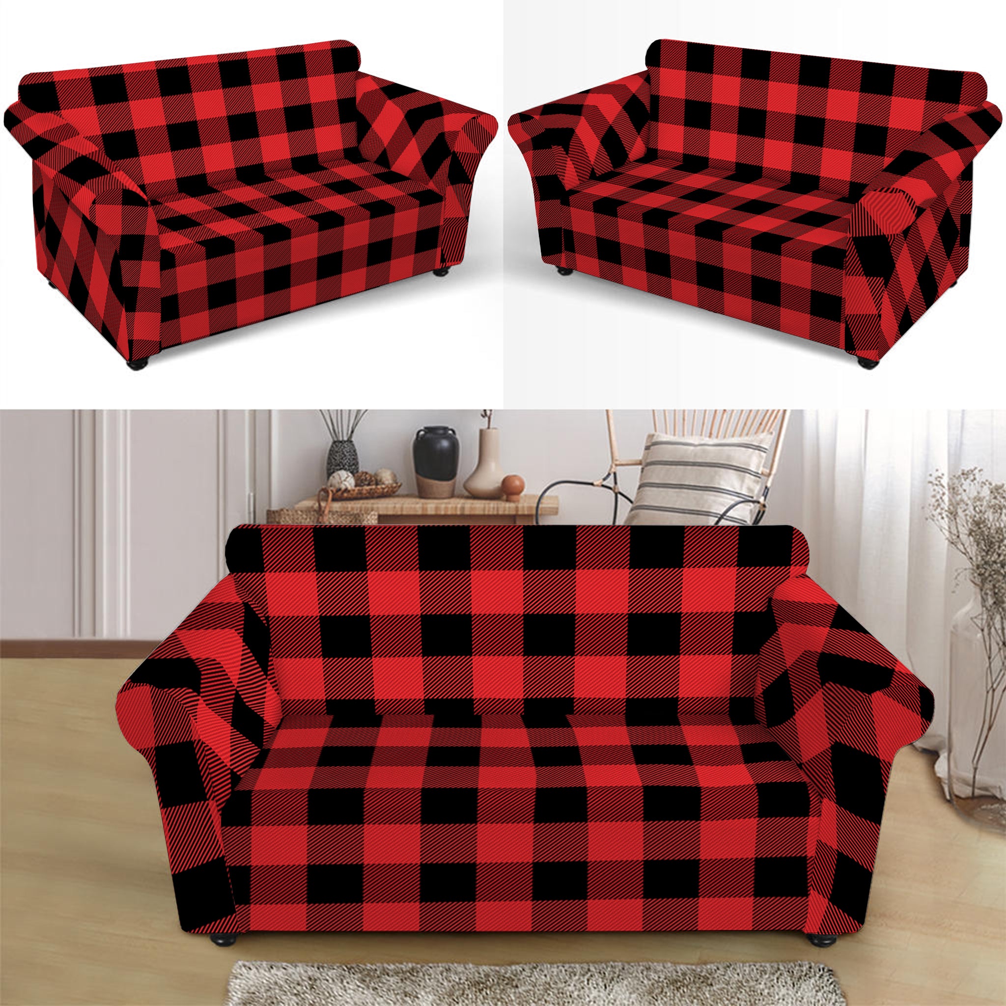 Red And Black Buffalo Plaid Print Loveseat Slipcover