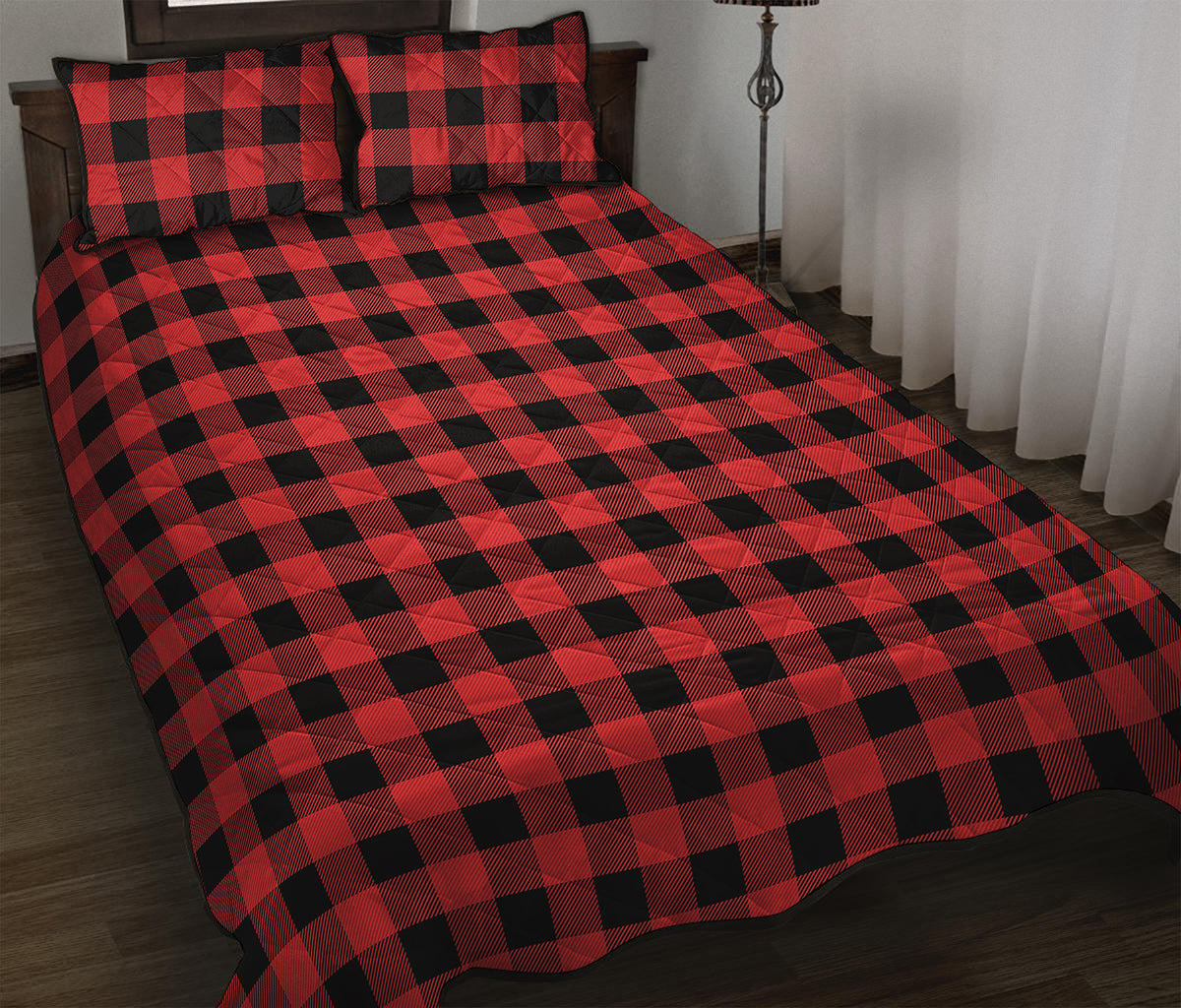 Red And Black Buffalo Plaid Print Quilt Bed Set