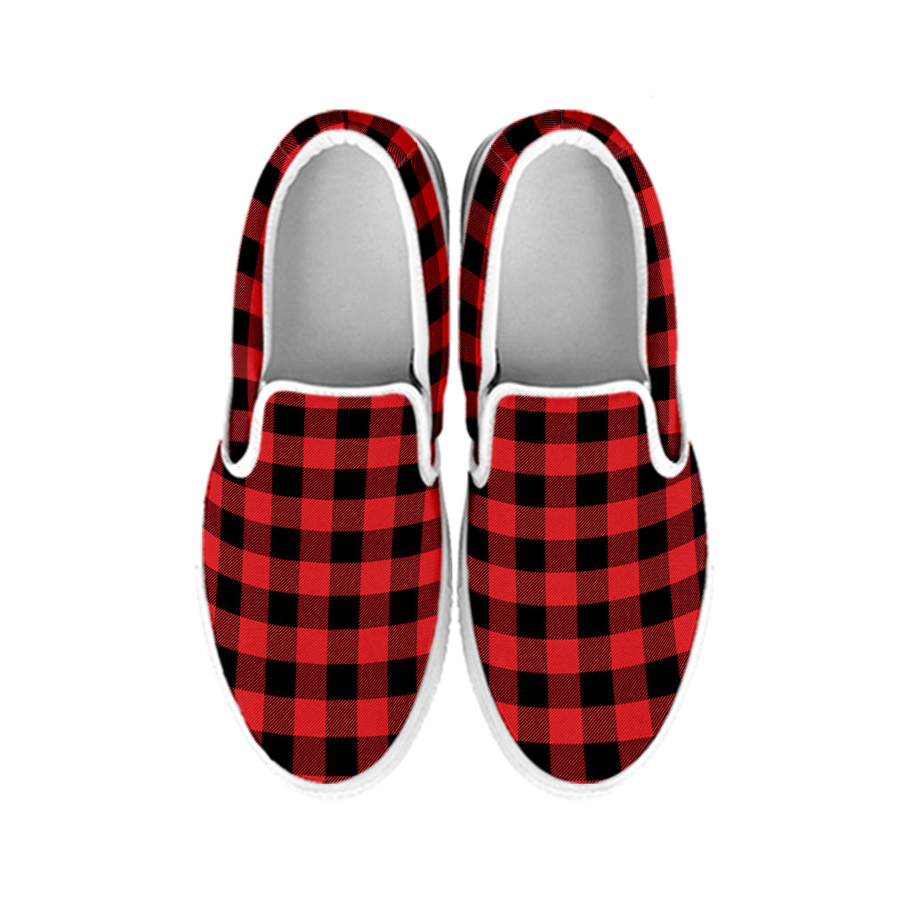 Red And Black Buffalo Plaid Print White Slip On Shoes
