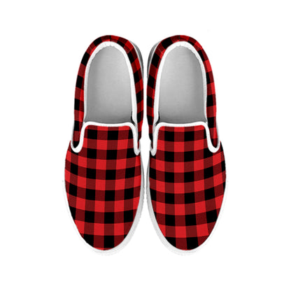 Red And Black Buffalo Plaid Print White Slip On Shoes
