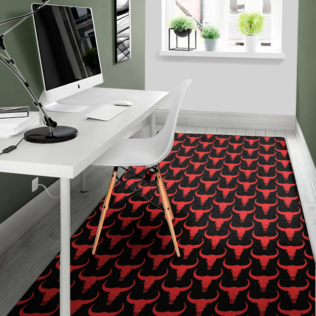 Red And Black Bull Skull Pattern Print Area Rug