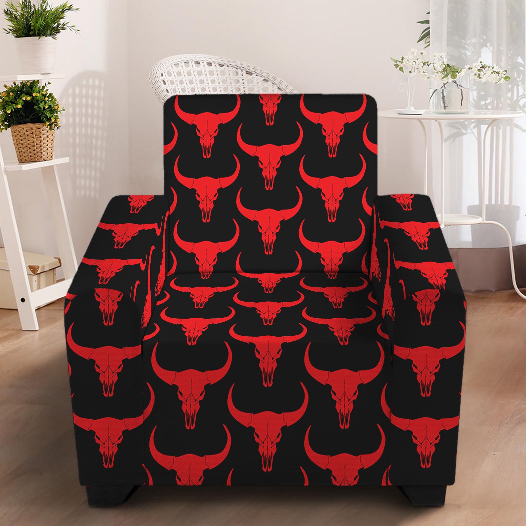 Red And Black Bull Skull Pattern Print Armchair Slipcover