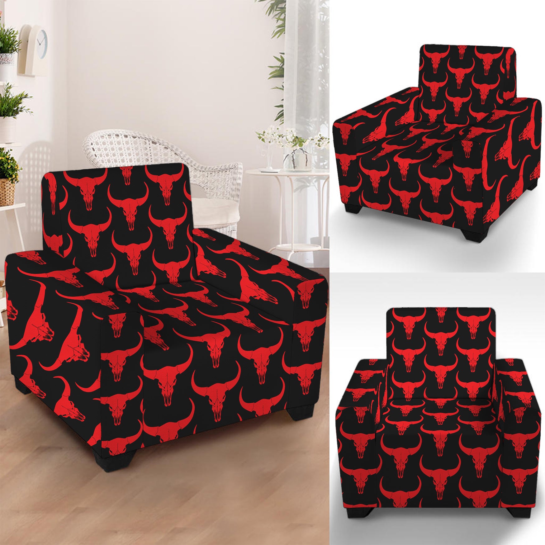 Red And Black Bull Skull Pattern Print Armchair Slipcover