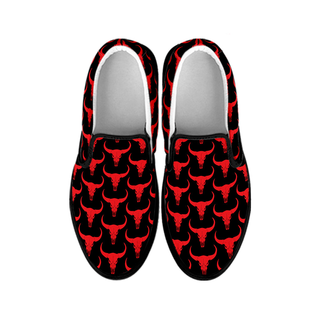 Red And Black Bull Skull Pattern Print Black Slip On Shoes