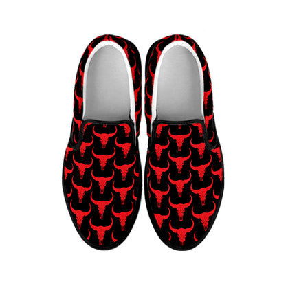 Red And Black Bull Skull Pattern Print Black Slip On Shoes