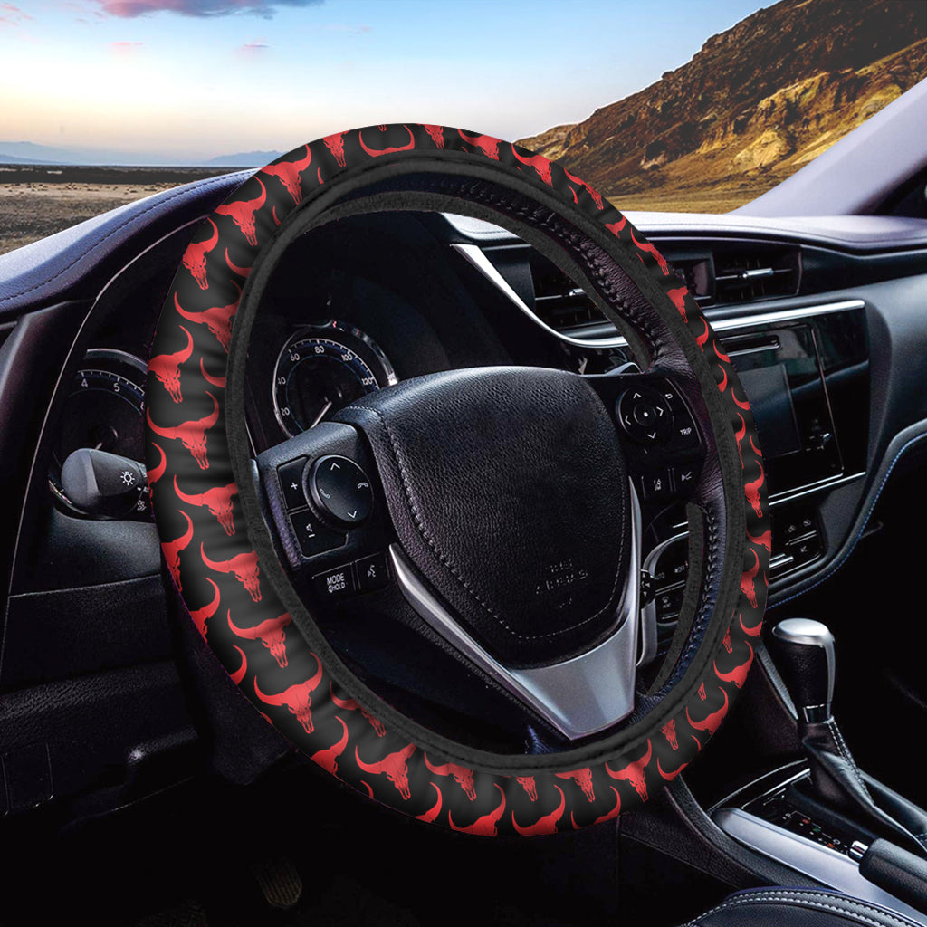 Red And Black Bull Skull Pattern Print Car Steering Wheel Cover
