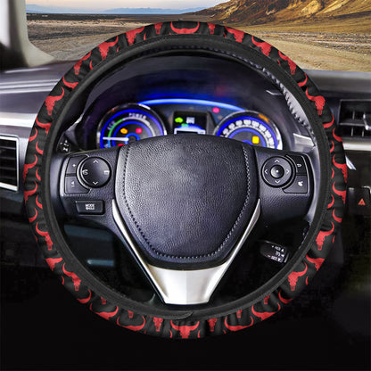 Red And Black Bull Skull Pattern Print Car Steering Wheel Cover