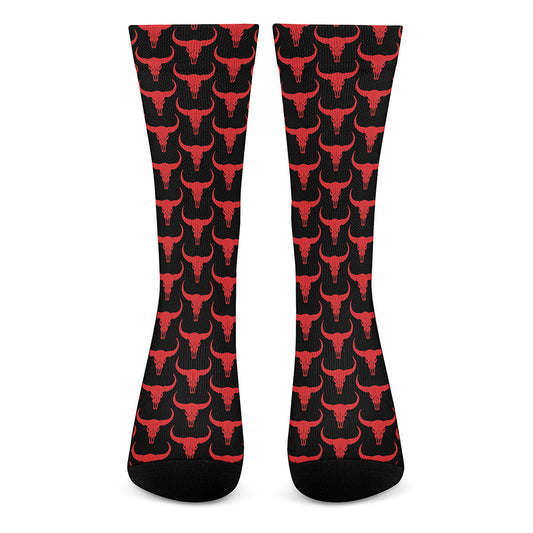 Red And Black Bull Skull Pattern Print Crew Socks