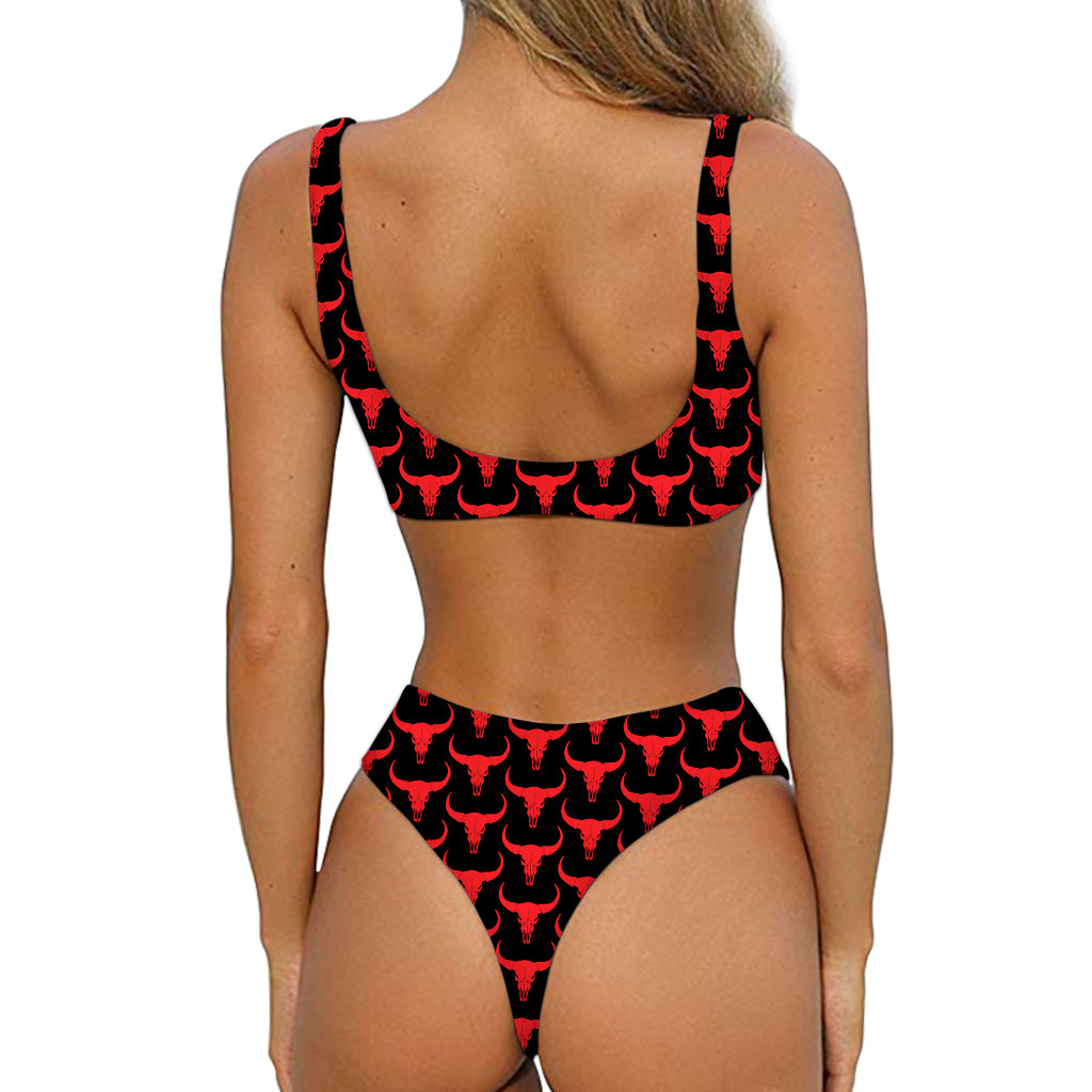 Red And Black Bull Skull Pattern Print Front Bow Tie Bikini