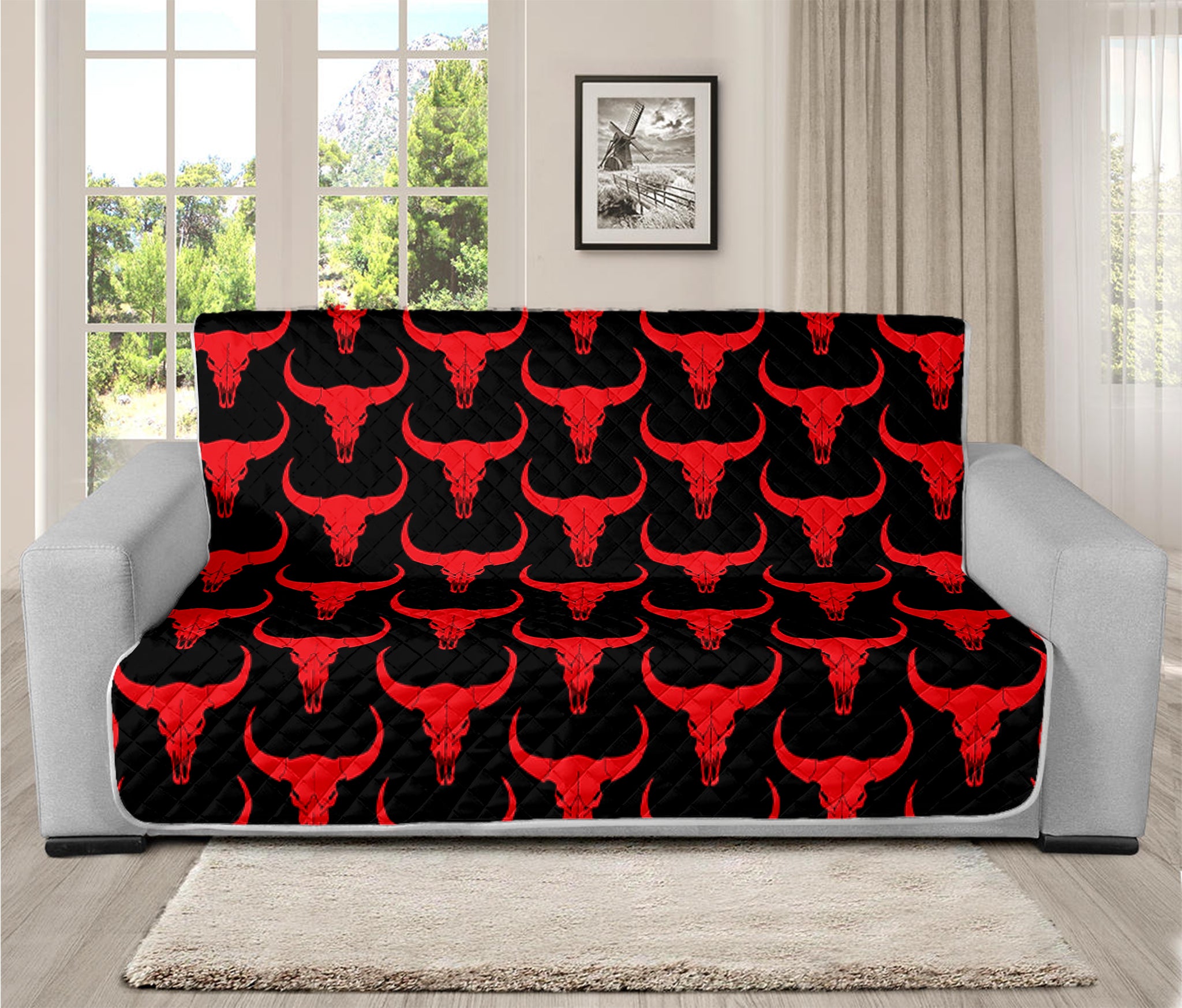 Red And Black Bull Skull Pattern Print Futon Protector